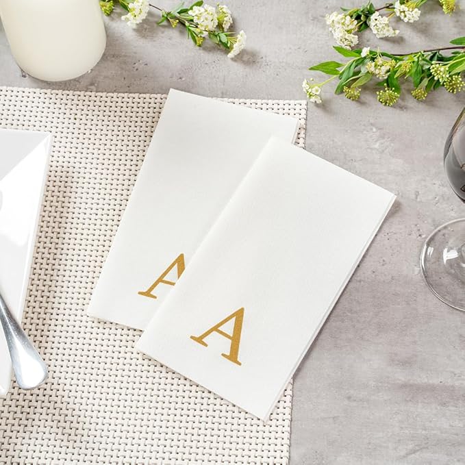 Luxenap 15.8 X 7.9 Inch Linen-Feel Guest Towels, 50 Lettered Hand Towels - Gold Letter 'A', Sans Serif Font, White Paper Dinner Napkins, airlaid, For Restrooms And Tables - Restaurantware