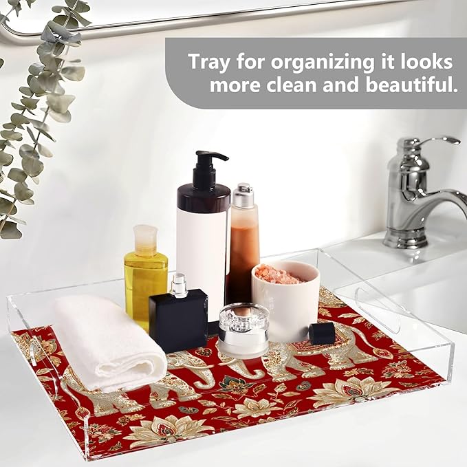 Serving Tray with Handles Clear Acrylic Tray 12x16 Inch Decorative Rectangular Tray Organizer for Ottoman Coffee Table Bathroom Red Retro Elephant Flowers