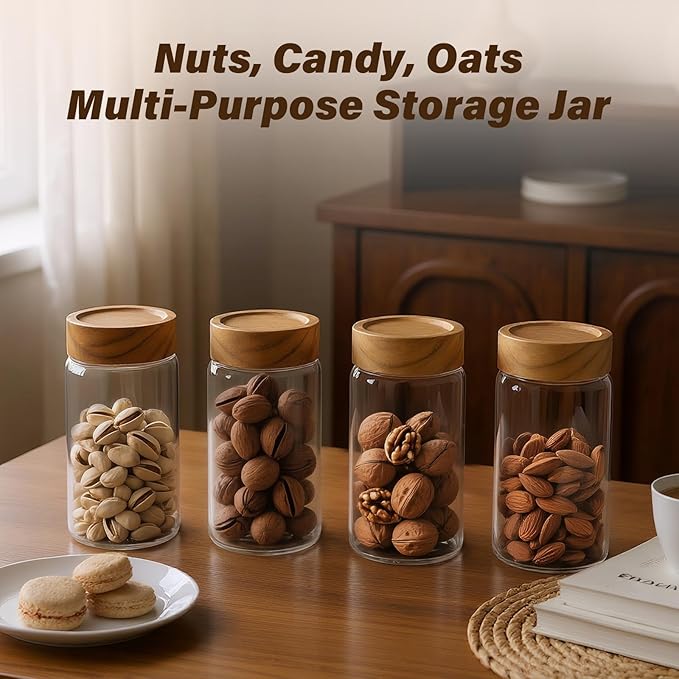 6 -Piece 13 fl oz Food-Grade Glass Mason Jars with Acacia Wood Lids, Sealable Waterproof, Transparent Easily Stackable for Overnight Oats, Spice Storage & Snack Organizing