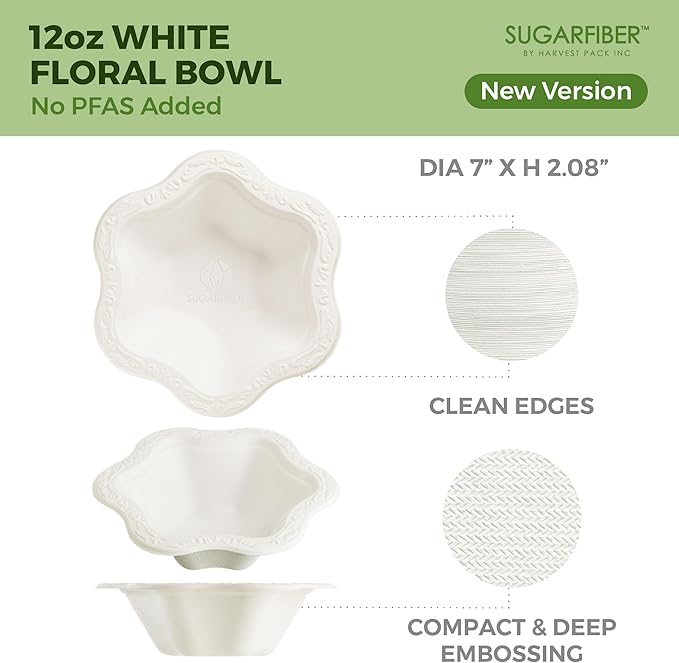 [400 COUNT]12oz Compostable Floral White Paper Bowls - Acanthus Collection Natural Sugarcane Disposable Bagasse Bowls Eco Friendly Plastic-Free ice cream Bowl Elegant - New Version