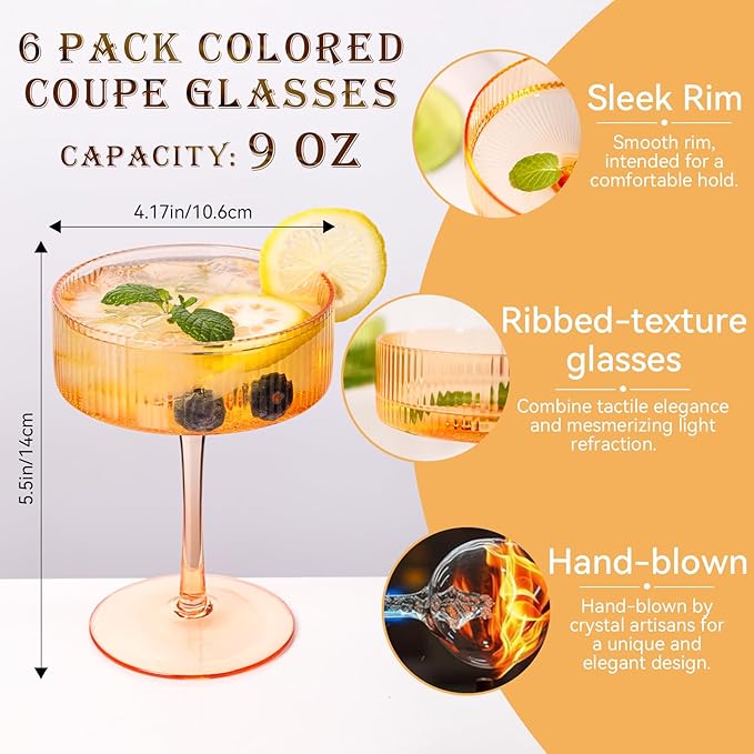 Cyrelwing 9 oz Colored Coupe Glasses Set of 6 Ribbed Colorful martini Glasses for espresso dessert