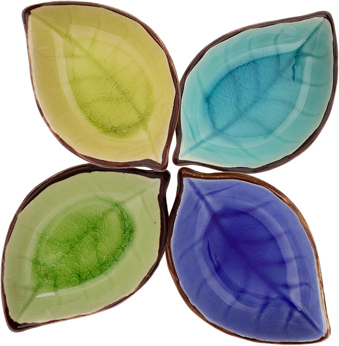Happyyami 4pcs Leaf Shaped Ceramic Plates Snack Plates Condiment Bowls Sauce Bowls Porcelain