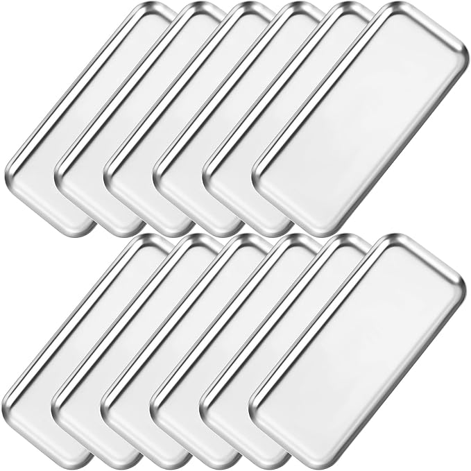 Vesici 12 Pcs 8.66 x 3.82 inches Small Silver Tray Bulk, Stainless Steel Rectangle Serving Trays Trinket Decorative Bathroom Tray for Vanity Jewelry Makeup Towel, Dish Plate Tea Fruit Storage Platter