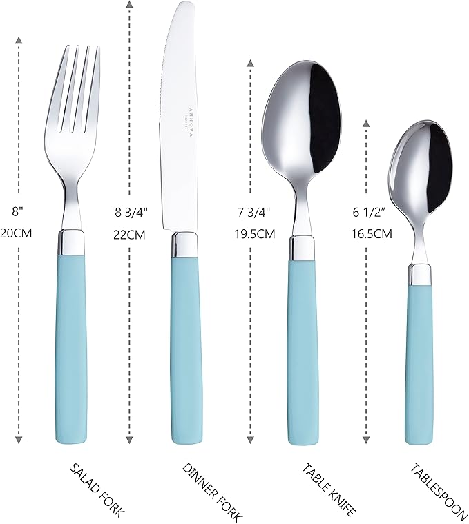 ANNOVA Silverware Set Stainless Steel Colorful Tableware Kitchen Flatware Set Utensils, Includes Dinner Knives, Forks, Spoons & Dessert Spoons (Turquoise, 16 Pieces)