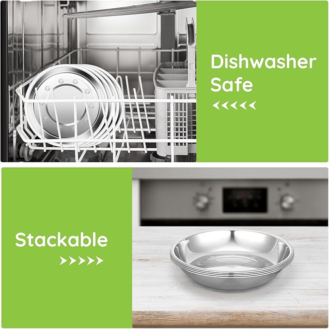 Patterned Deep Stainless Steel Plates, 4 Set 7 inch 201 Metal Food Serving Plate, Reusable Snack Eating Dishes Round Shatterproof Silver Dinnerware for BBQ Dinner Oven Dishwasher Safe