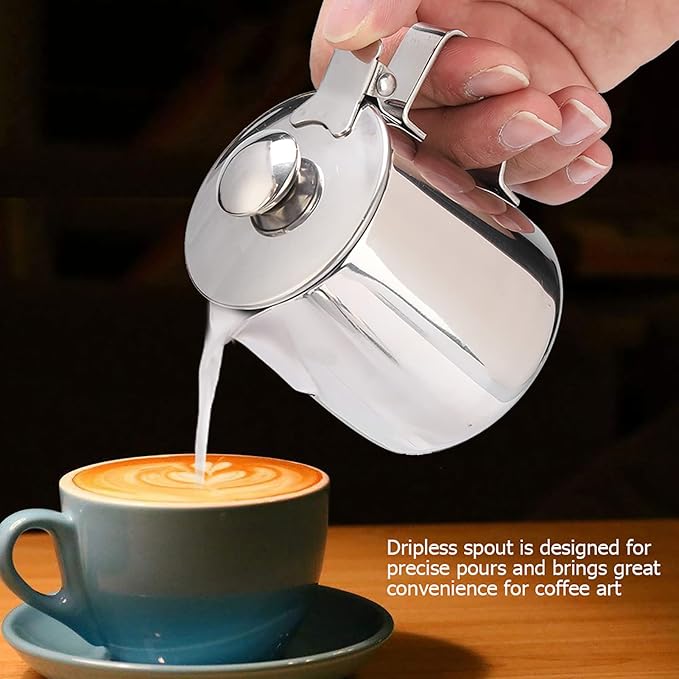 Milk Frothing Pitcher, Stainless Steel Milk Frother Cup with Lid Small Creamer Pitcher Latte Coffee Art Barista Milk Jug Cup Espresso Accessories (350ml)