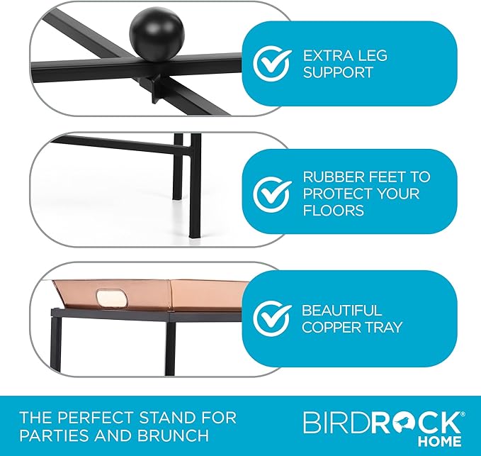 BIRDROCK HOME Butler Tray Table with Removable Top - Large Rectangle Metal Stand for Dessert, Appetizer, Food Platters, Entertaining - Ideal for Party, Buffet, Brunch - Black Iron Stand - Copper 25"