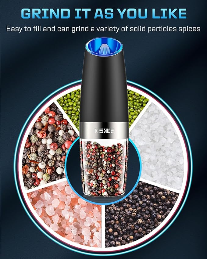 XinXu Gravity Electric Pepper and Salt Grinder Set, Adjustable Coarseness, with LED Light, One Hand Automatic Operation (Set/Black X)