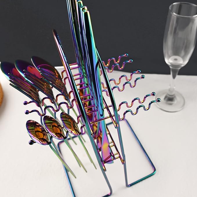 JASHII 24-Piece Stainless Steel Flat Flatware Set for 6, Fork Spoon Knife Set Eating Utensils Tableware with Holder for Kitchens Home and Restaurant, Dishwasher Safe - Shiny Rainbow