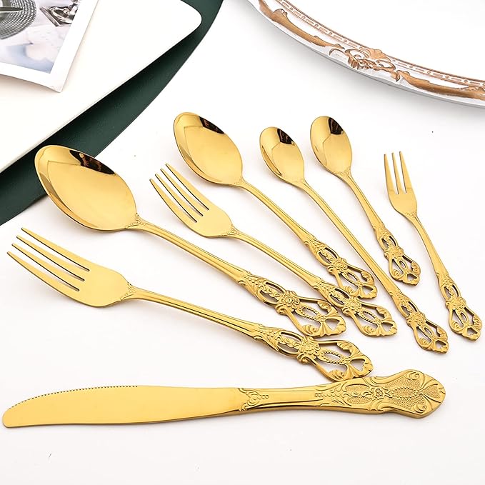 Elegant 32-Piece (4 Set) Retro Flatware Set, Stainless Steel Cutlery Set - Complete Eating Tableware Serving Set, Dishwasher Safe, Shiny Mirror Polish (Gold)