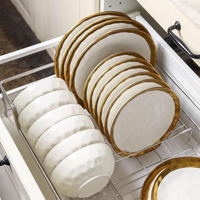 Vicrays 12-Piece Ceramic Dinnerware Set, Dinner Plates, Salad Plates & Cereal Bowls, Dish Set for 4, Microwave, Oven & Dishwasher Safe, Scratch Resistant, White with Golden