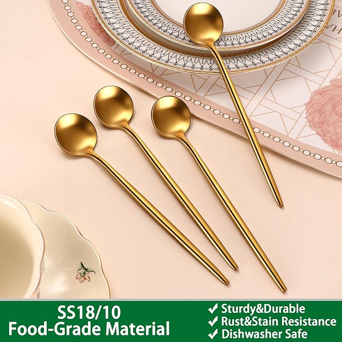 Satin Gold 6.7 Inches Coffee Spoon,4 Pieces Stainless Steel 18/10 Tea Spoons Set,Solid Round Handle Coffee Stirring Spoon,Durable Dishwasher Safe Long Handle Ice Cream Spoons,Teaspoon