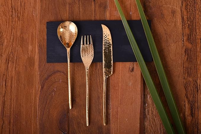 DeKulture Handmade Pure Brass 3 Pieces Cutlery Set Premium Deluxe Tableware Classic Gold Burnished Utilitarian Flatware Ideal for Serving & Dining Table Decoration