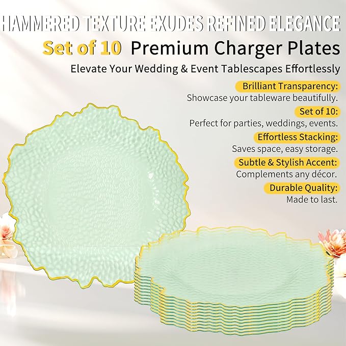 10 Pcs Clear Charger Plates 13 Inch Hammered Green Plastic Charger Plates with Gold Rim, Transparent Green Chargers for Dinner Plate, Stone Texture Plate Round Chargers for Wedding Party, Event