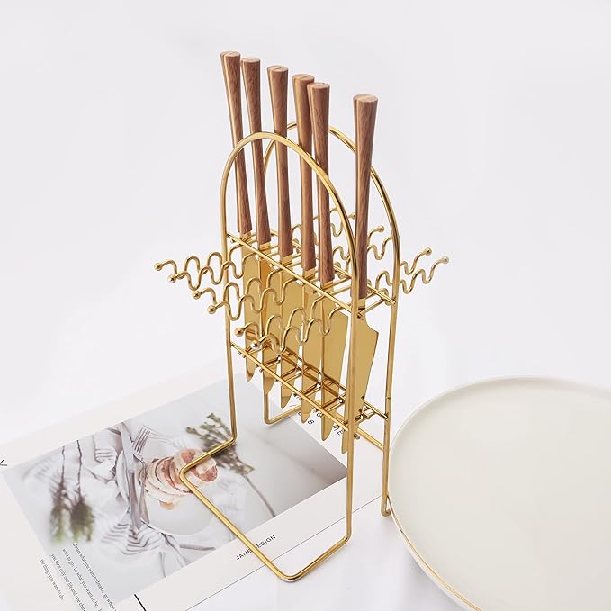 25 PCS Silverware Set with Storage Holder - Family Flatware Set Service for 6 - Gold Stainless Steel Cutlery Set with Wood Grain Handle - Tableware Utensils Set with Hanging Rack - Mirror Polished