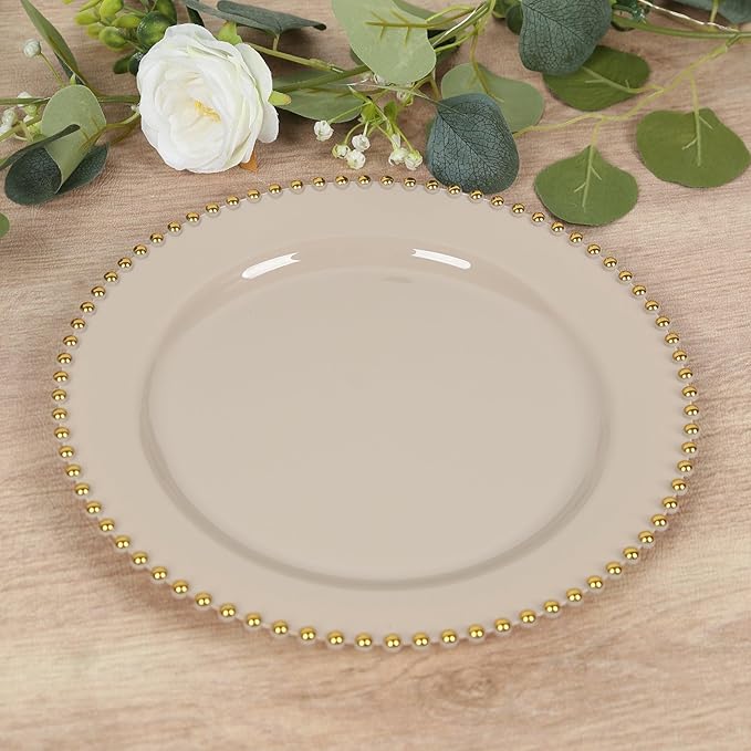 Efavormart 10-Pack Plastic Round Dinner Plates 10" Taupe with Gold Beaded Rim - Disposable Party Plates for Stylish Gatherings & Celebrations