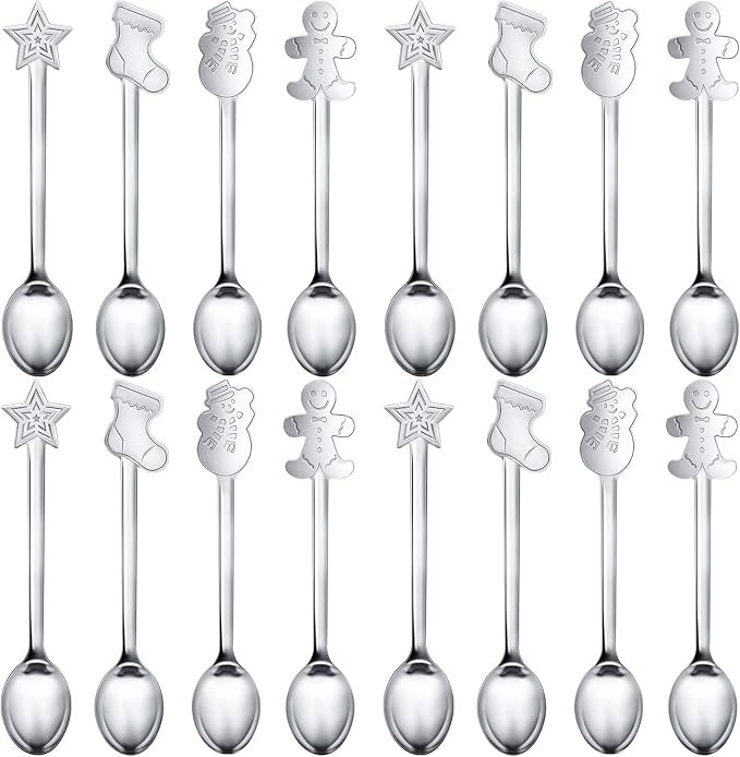 Skyley 32 Pieces Christmas Spoon Set Hot Chocolate Stirring Creative Stainless Steel Coffee Tea Soup Dessert for Drink Mixing Milkshake, 4 Styles, Silver