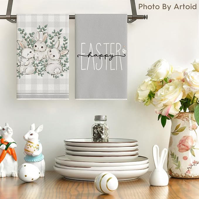 Artoid Mode Grey Bunny Rabbit Eucalyptus Easter Kitchen Towels Dish Towels, 18x26 Inch Seasonal Spring Decoration Hand Towels Set of 4
