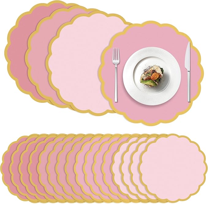 100 Pcs Pink Paper Placemats 13.5 Inch Disposable Scalloped Colorful Pastel Round Table Place Mats with Gold Edges, Decorative Colors Mats for Birthday Wedding Bridal Shower Banquet Tea Party