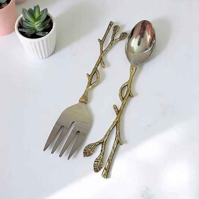 Gold Salad Serving Spoon and Fork Set – Stainless Steel with Decorative Leaf Handle – Elegant 2-Piece Flatware Set for Salad, Pasta, Fruits (11.7 inch)