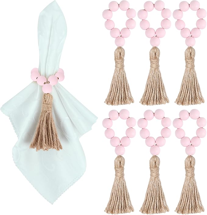 Meplait Wooden Bead Napkin Rings, Farmhouse Stretchable Napkin Rings with Tassel Boho Design for Dining Table & Wedding Decoration (Pink)