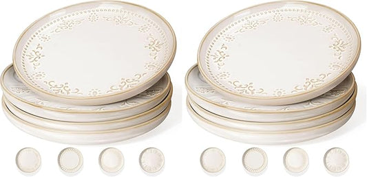 Artena Salad Plates Set Of 4, 8.5 Inch Embossed Small Ceramic Dinner Plates for Appetizer Dessert, Kitchen Plates With Lipped Edges, Microwave Oven Dishwasher Safe (Multiple Patterns) (Pack of 2)