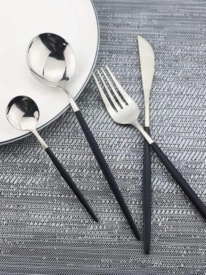 JASHII 24 Piece Titanium Black Plated Stainless Steel Flatware Set,Black Handle With Silver Mouth Flatware Set, Black With Silver Cutlery Set Service for 6 (Black Handle, Shiny Silver)
