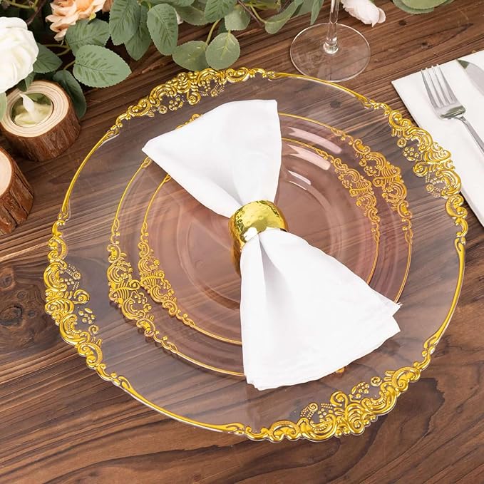 10" Dinner Plates -Set of 30 - Plastic Transparent Blush Round Baroque Disposable Chargers Leaf Embossed Rim, Ideal for Dinner Party Wedding Bulk Events