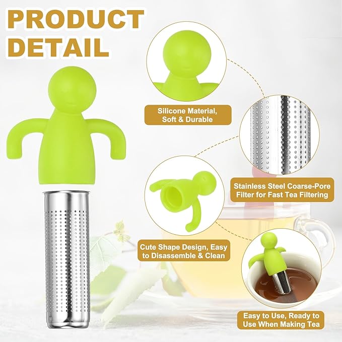 uxcell 2 Pcs Cute Tea Infuser, Stainless Steel Loose Leaf Tea Steeper Filter with Silicone Handle Reusable Coarse Pores Mesh Strainer Diffuser for Teacups Teapots Mugs, Light Green