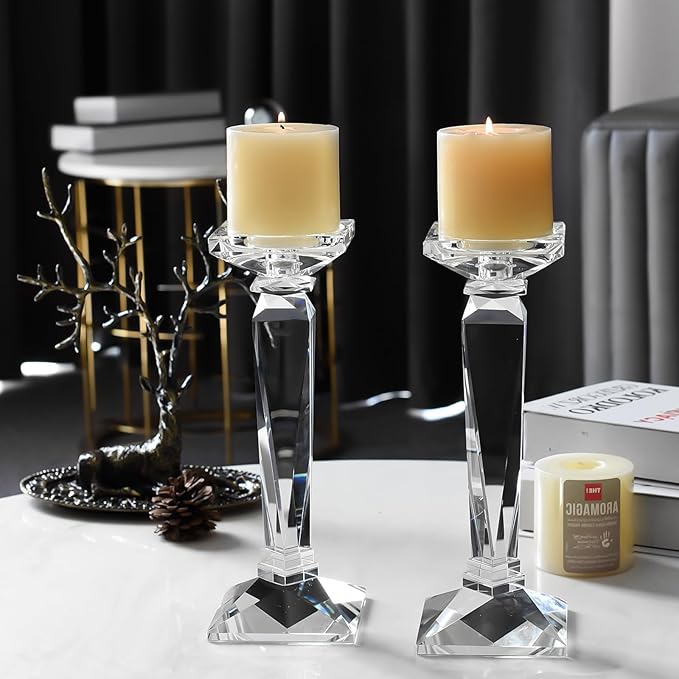 kitCom Crystal Candle Holders Set of 2,10.5" Tall Crystal Candlestick Holders, Candlestick Holders Taper Candle Holders for Table Wedding Housewarming Gifts Decor