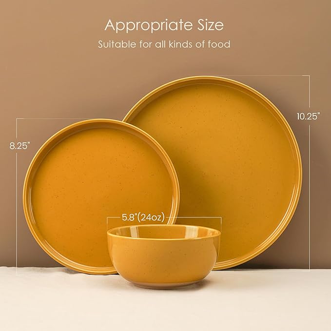 12 Pieces Farmhouse Stoneware Dinnerware Sets, Speckled Ceramic Plates and Bowls Set, Matte Terracotta Underside Ceramic Dishes Set for 4, Scratch Resistant Microwave & Dishwasher Safe (Ginger Gold)