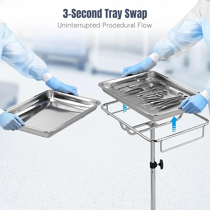 AW Mayo Stand with 2 Trays Stainless Steel Adjustable Height 31"-48" Mobile Medical Cart Trolley 19"x13"x2" Removeable Instrument Trays 5 Pcs Lockable Wheels for Dental Salon Tattoo Esthetician