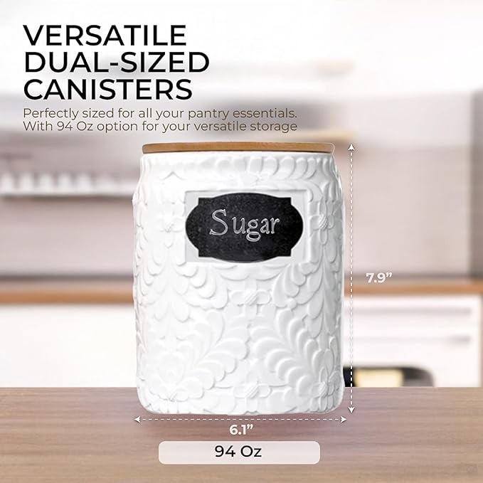 Ceramic Canister for the Kitchen (94oz/2779ml) – Airtight Kitchen Counter Storage with Bamboo Lids, Decorative Flour Sugar Coffee Jars for Pantry & Home