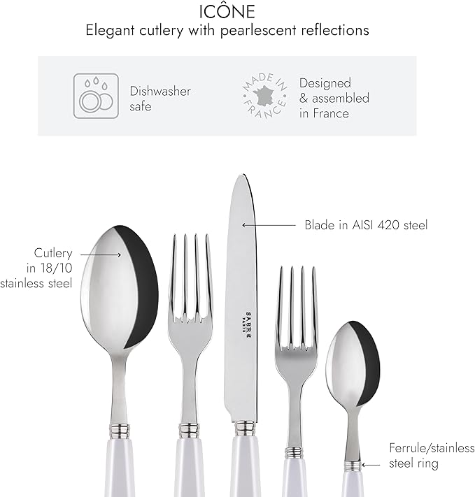 SABRE PARIS - 5-Piece Flatware Set - Icône Collection - Knife, Fork, Soup Spoon, Teaspoon & Dessert Fork - Stainless Steel & Acrylic - Dishwasher Safe - White