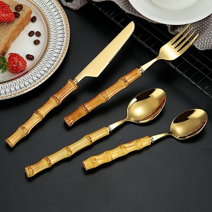 bamboo handle flatware sets for 6, 30 Piece Natural bamboo handle cutlery sets, silverware sets, dinnerware tableware set, Mirror Finished (30-Piece for 6)