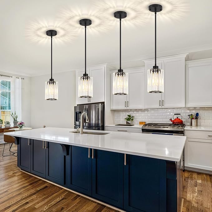 2 Pack Black Pendant Light, Modern Crystal Pendant Lights Kitchen Island Lighting, Hanging Light Fixtures Mini Chandelier Pendant Lights for Island Dining Room Hallway Bedroom