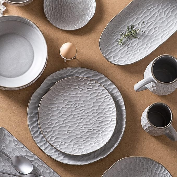 Round Dinnerware Sets | White Kitchen Plates, Bowls, and Mugs | 17 Piece Stoneware Tableware Nordic Style| Dishwasher Microwave Safe | Service for 4