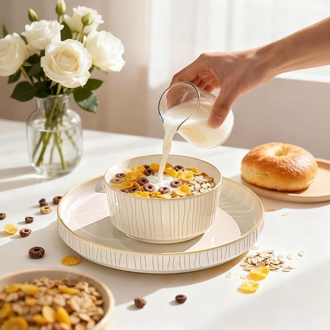 Stoneware Dinnerware Sets for 4, 12 Pcs Ribbed Reactive Glaze Ceramic Plates and Bowls Sets, Chip Resistant, Microwave Dishwasher Safe Dish Set, Housewarming Gifts, Cappuccino White