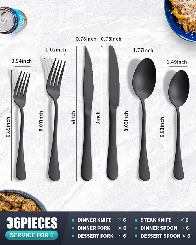 36-Pieces Matte Black Silverware Set with Steak Knives,Stainless Steel Flatware Set for 6,Modern Cutlery Utensils Set,Spoons and Forks Set for Restaurant,Dishwasher Safe