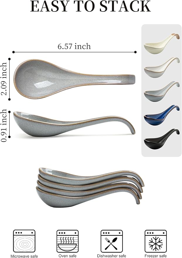 LYEOBOH Ceramic Asian Soup Spoons Set of 6 with Long Handle for Kitchen, Restaurant, Japanese Ramen Spoons with Deep Hook Design, Dishwasher & Microwave Safe, Gray