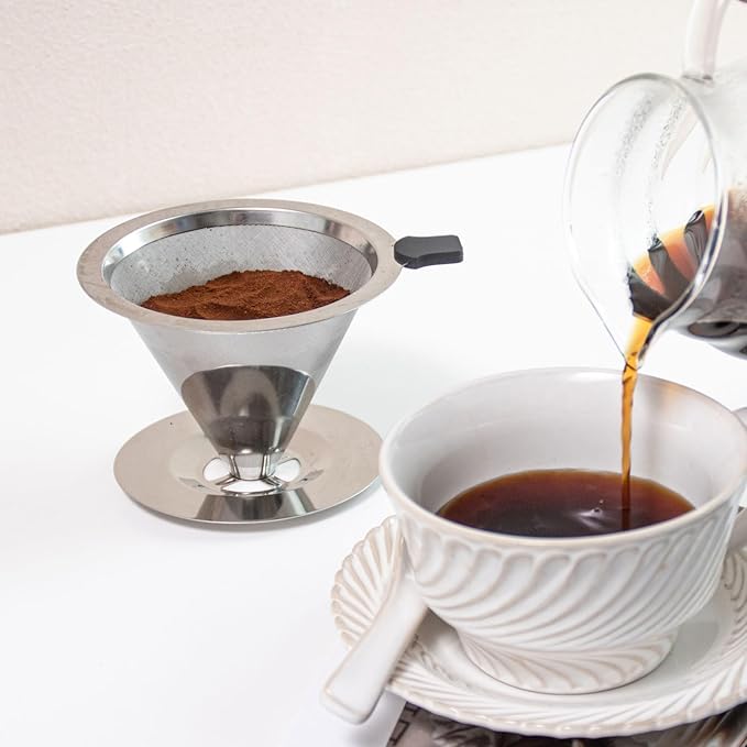 Pour Over Coffee Dripper, 18/8 Stainless Steel Coffee Filter V60 Cone Fine Mesh for 1-2 Cup, Paperless Pour Over Reusable Filter Coffee Maker