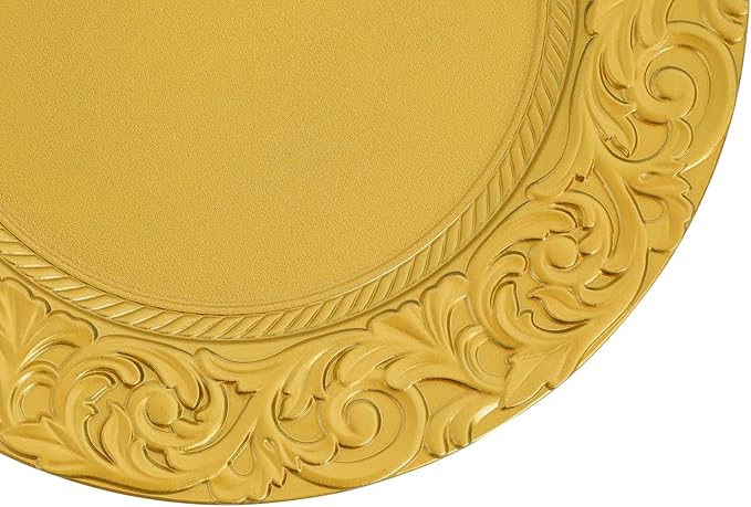 TFCFL 50Pcs Antique Charger Plates Bulk 13Inch Plastic Embossed Dinner Plate Chargers Round Floral Plates Dinner Wedding Party Event Table Setting Decoration (Gold)
