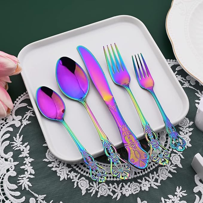 Rainbow Flatware Set For 4, 20 Pieces 18/0 Stainless Steel Silverware Set, Cutlery Utensils Set Include Knives/Forks/Spoons, Antique Baroque Style & Luxury Mirror Polished