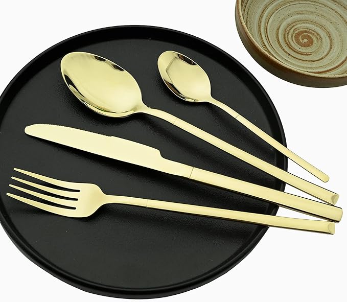 24-Piece Mirror Champagne Gold Flatware Set, 18/0 Stainless Steel Cutlery Set Service for 6, Tableware Utensils Include Knife Fork Spoon and Teaspoon, Dishwasher Safe