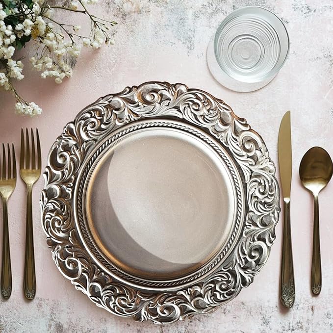 Antique Silver Charger Plates Embossed Rim, 13 Inch Dinner Plate Chargers Round Server Ware. Set of 6 Plastic Charger for Dinner, Wedding, Elegant Tableware Decor