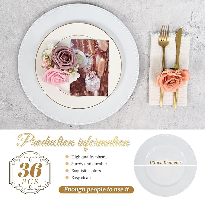 36 Pcs White Charger Plates Round Charger Plates13 Inch Bulk Wedding Dinner Elegant Reusable Plastic Chargers Plates Wedding Holiday Party Baby Shower Event Decoration (White)