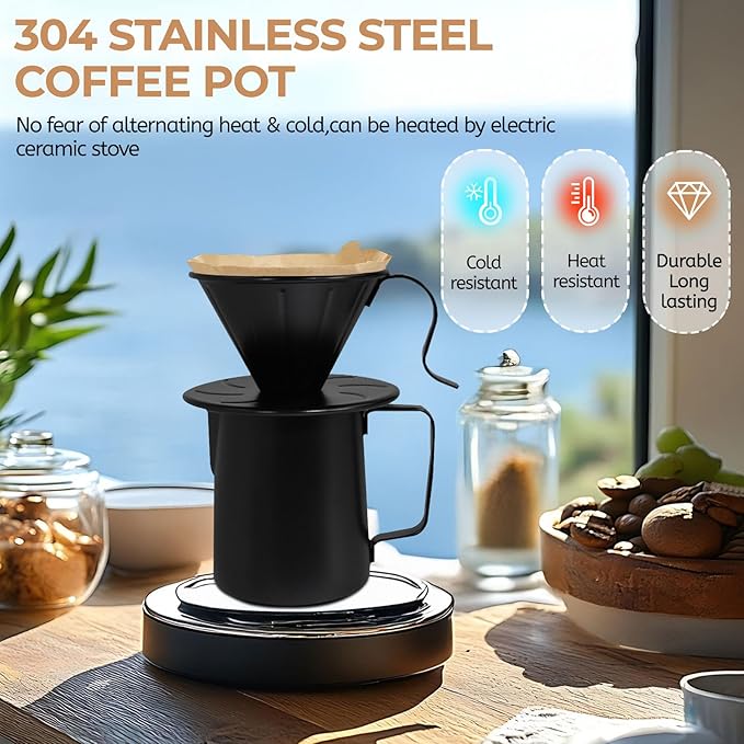 Uncoated Pour Over Coffee Maker 350ml Milk Frothing Pitcher 304 Thickened Stainless Steel Drip Coffeemaker Set with 50pcs V60 Cone Paper Filters Hand Brew Dripper Carafe for Home Camping Travel 12oz