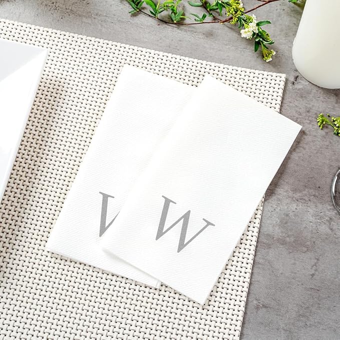 Luxenap 15.8 X 7.9 Inch Linen-Feel Guest Towels, 2000 Lettered Hand Towels - Silver Letter 'W', Sans Serif Font, White Paper Dinner Napkins, airlaid, For Restrooms And Tables - Restaurantware
