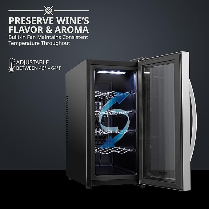SCHMÉCKÉ 10 Bottle Thermoelectric Wine Cooler/Chiller - Stainless Steel - Counter Top Red & White Wine Cellar w/Digital Temperature, Freestanding Refrigerator Smoked Glass Door Quiet Operation Fridge
