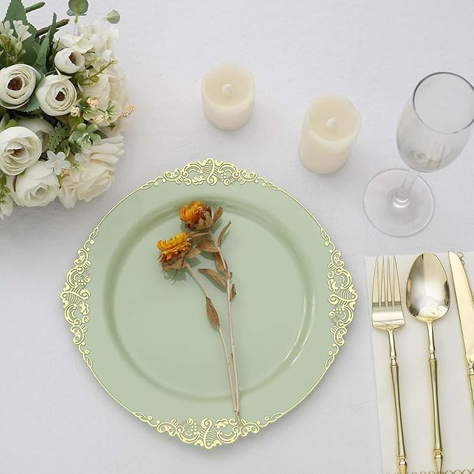 10" Dinner Plates -Set of 10 - Plastic Sage Green Round Baroque Disposable Chargers Leaf Embossed Rim, Ideal for Dinner Party Wedding Bulk Events